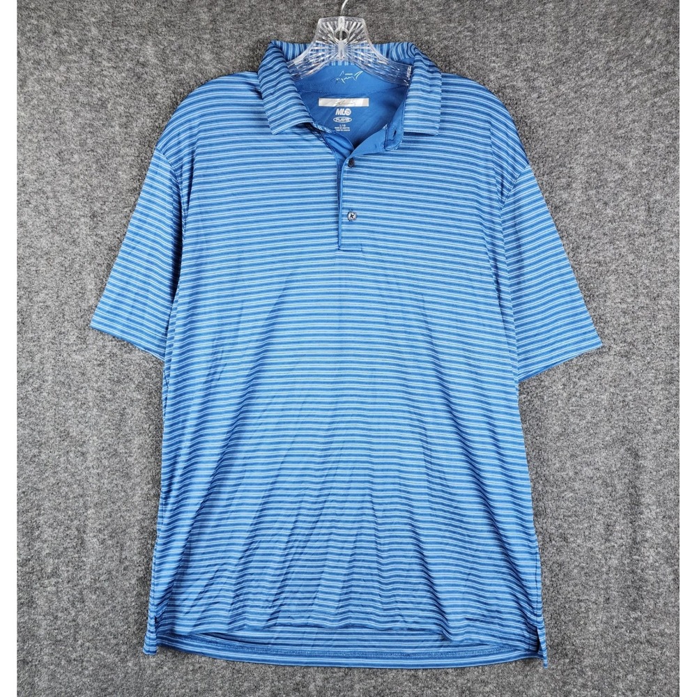 Greg Norman Polo Shirt Mens Large Blue Striped ML75 Play Dry Golf Short Sleeve